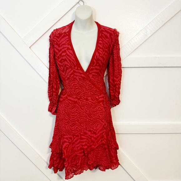 Allsaints Keva Remix Zebra Print Ruffle Mini 3/4 Sleeve Wrap Dress Red Sz M - Picture 2 of 9